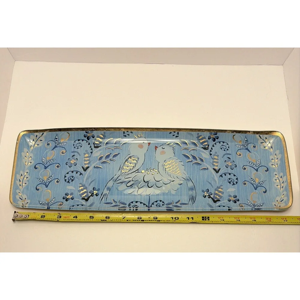 Pier 1 Vintage Blue‎ Gold Foil Art Glass Birds Oblong Serving Tray Dish Whimsy